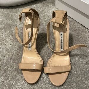 Manolo Blahnik Beige Patent Leather Ankle Strap Sandals